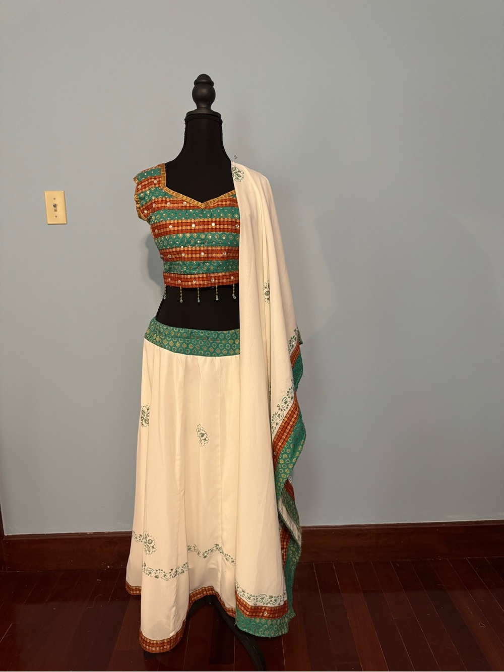 White and Teal Embroidered Women’s Saree Maxi with Rust Accents